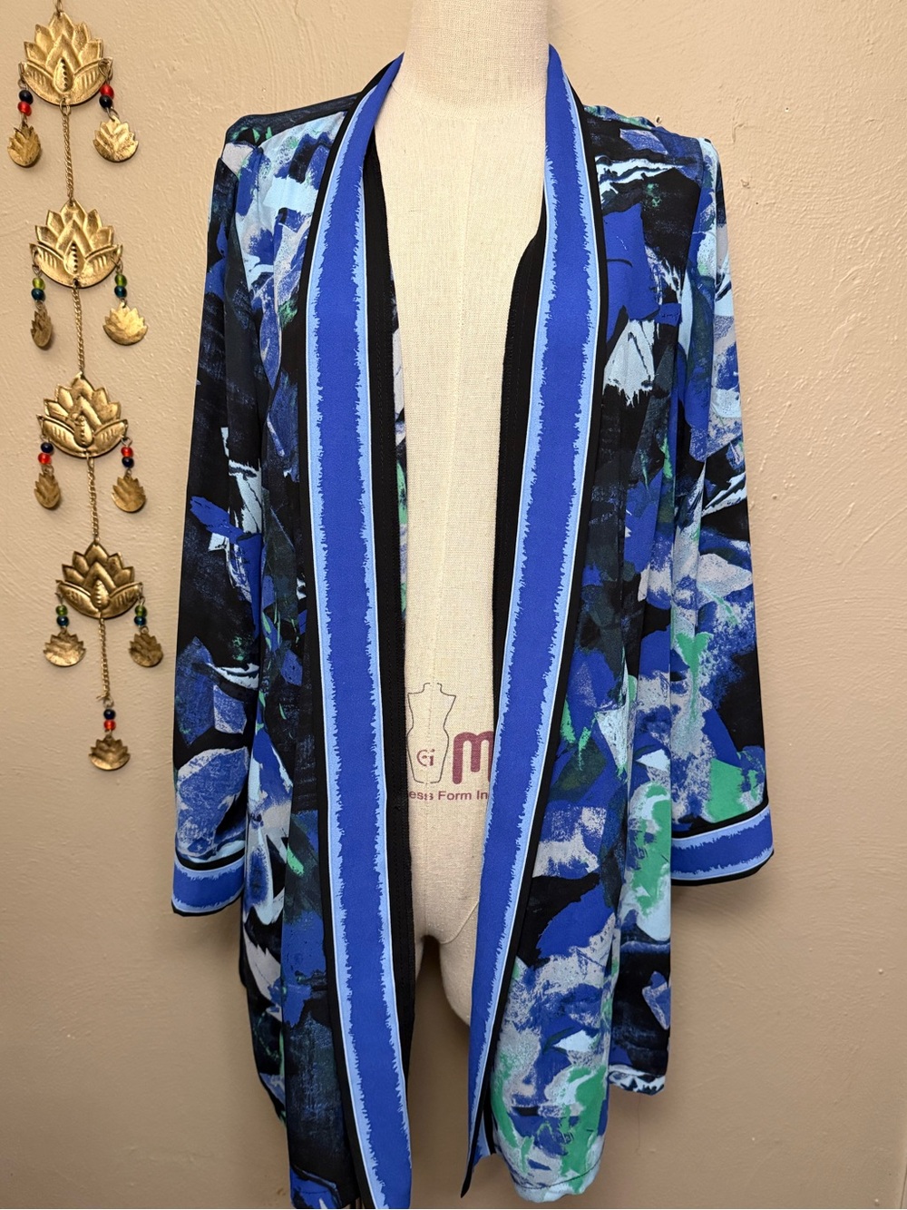 Bob Mackie Blue Abstract Open Front Jacket with Black Trim Womens Size Large